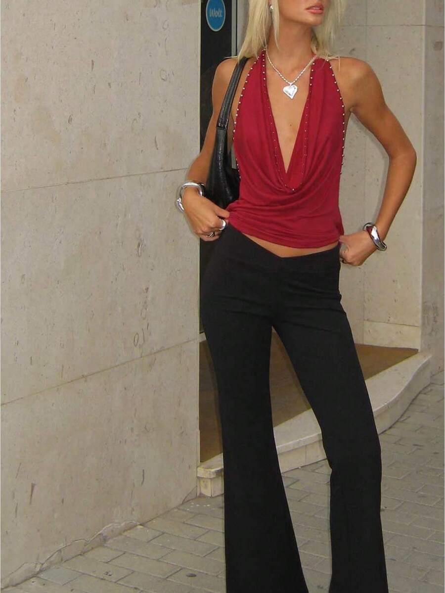 Top Halter para Mujer con Tachas Escote Cowl Espalda Descubierta Blusa Ajustada de Verano - Rojo - Ver 1