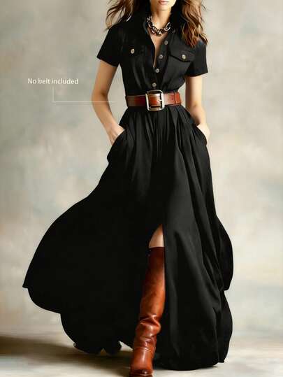 女士复古长裙，纯色翻领短袖衬衫款，纽扣腰身喇叭长裙，优雅长裙，适合工作和派对场合（不含腰带）黑色夏季