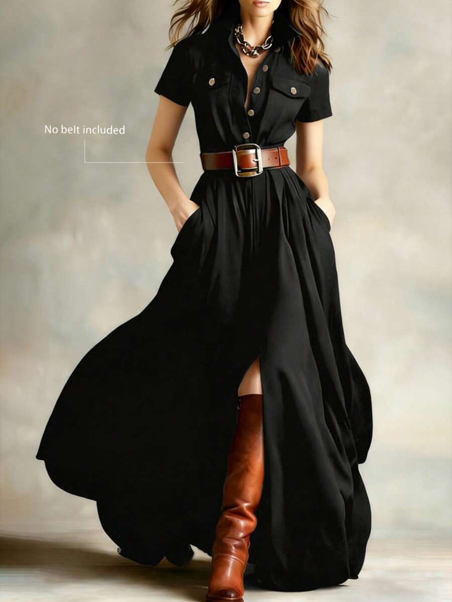 Đầm dài kiểu retro dành cho nữ, màu trơn, cổ ve áo, tay ngắn, dáng maxi xòe, cài cúc ở eo, đầm dài thanh lịch phù hợp cho công sở và dự tiệc (không kèm thắt lưng) màu đen mùa hè - màu đen - Xem 1