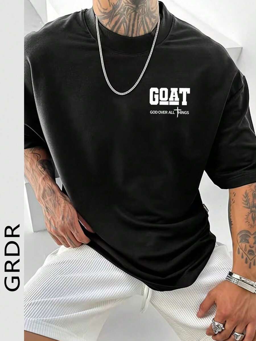 GRDR Men's Retro American Style Minimalist Chest Graphic English Slogan Short Sleeve T-Shirt - Black - View 1