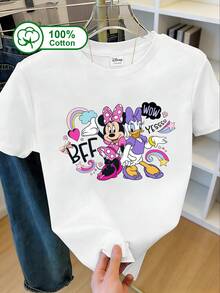 Disney Women's Casual Everyday 100% Cotton Short-Sleeve T-Shirt, Featuring An Intimate Interaction Between Mickey Mouse And Daisy And A Rainbow Print, Suitable For Daily Outings, Campus Wear, Visiting Disneyland, Or Hanging Out With Friends. Summer Clothing, Mickey Mouse And Daisy Printed T-Shirt Can Also Be Worn As Matching Outfits With Friends, Expressing Closeness And Mutual Understanding. White - White - View 1