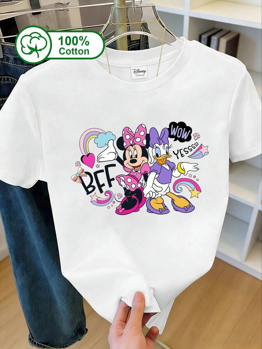 Disney Women's Casual Everyday 100% Cotton Short-Sleeve T-Shirt, Featuring An Intimate Interaction Between Mickey Mouse And Daisy And A Rainbow Print, Suitable For Daily Outings, Campus Wear, Visiting Disneyland, Or Hanging Out With Friends. Summer Clothing, Mickey Mouse And Daisy Printed T-Shirt Can Also Be Worn As Matching Outfits With Friends, Expressing Closeness And Mutual Understanding. White - White - View 1