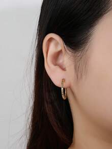 1对时尚简约纹理设计金色不锈钢圈形耳环，优雅耐用，适合女性日常佩戴 - 金色 - 查看 4