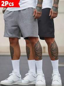 2 Pairs Of Men's Shorts With Side Pockets, Elastic Waistband With Drawstring, Suitable For Outdoor Leisure Travel, Plain And Simple, Fitness Running, Versatile Summer, Suitable As A Gift For Husbands, Boyfriends - Xám - Xem 7