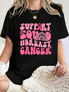 Camiseta Unisex 100% Algodón Estilo Boho Groovy Rosa Arcoíris para Apoyo al Cáncer de Mama - Camiseta de Manga Corta Estampada - Negro - Ver 1
