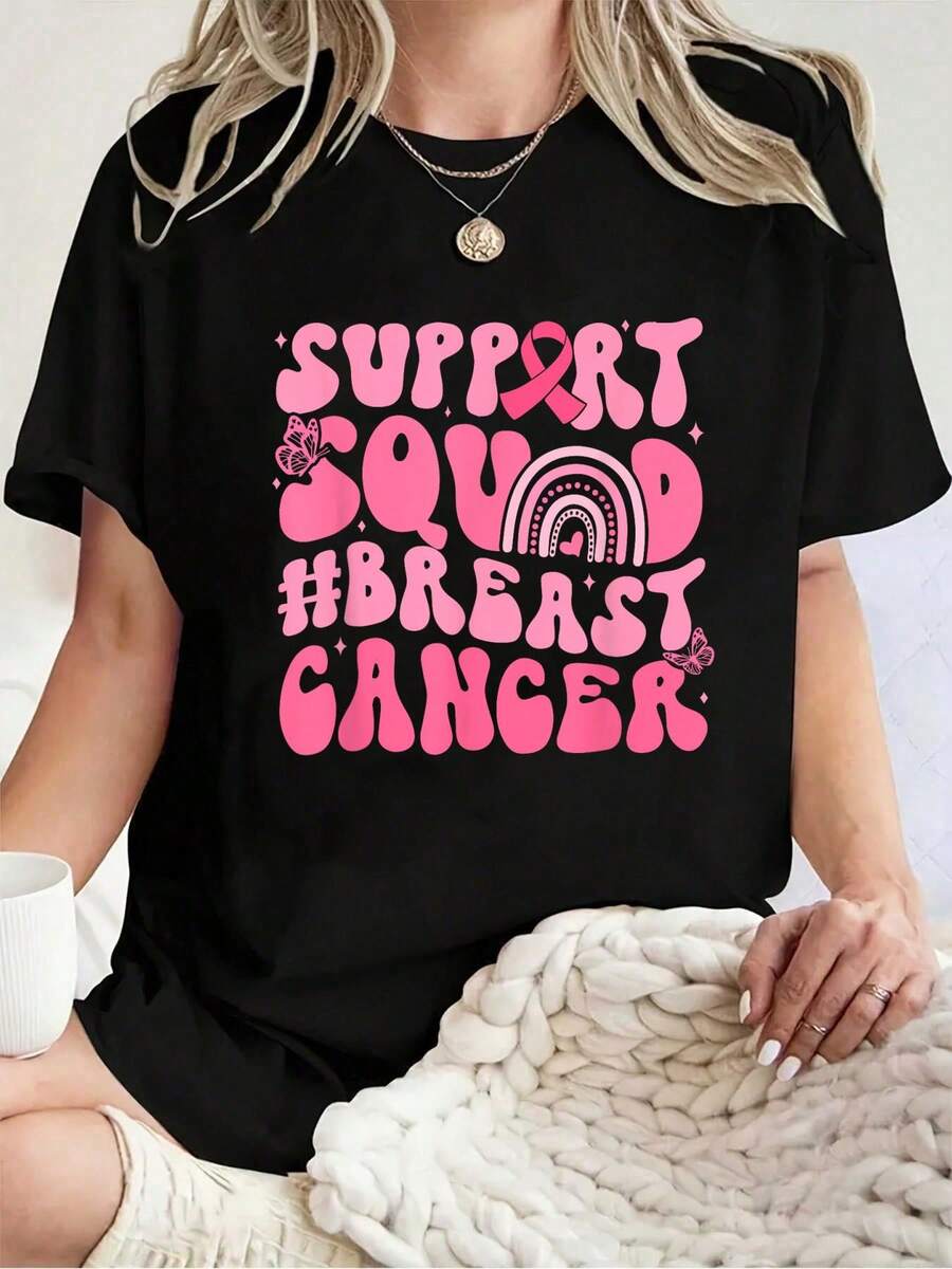 Camiseta Unisex 100% Algodón Estilo Boho Groovy Rosa Arcoíris para Apoyo al Cáncer de Mama - Camiseta de Manga Corta Estampada - Negro - Ver 1