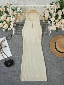 New Hollow Out Knitted Halter Neck Bodycon Dress For Women, Slim Fit Waist, Mini Skirt, Spring/Summer - Apricot - View 8
