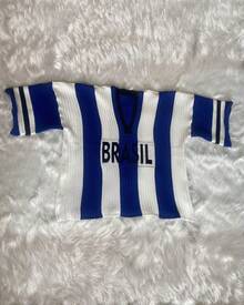 Women's Striped T-Shirt Brazil World Cup Ribbed Modal Knit V-Neck Short Sleeve Summer - Azul marino/blanco - Ver 2