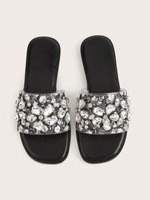 Square Toe Transparent Crystal Print Slip-On Flat Sandals - Black - View 5