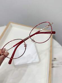 1pc Women's Casual Retro Oval Red Fashion Flat Glasses, Suitable For Daily Wear And Street Photography - Multicolor - View 3