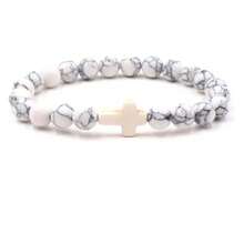 1PC 8MM Natural Stone Cross Healing Bracelet Gift For Christians With Prayer Card - White Turquoise - View 3