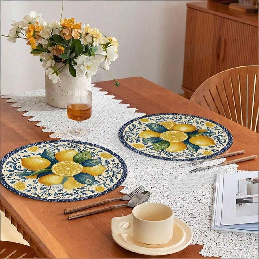2/4/6pcs Blue Lemon Pattern Linen Placemats, Everyday Round Woven Kitchen Dining Table Mats Suitable For Dining Room Decor, Party, Kitchen - Multicolor - View 1