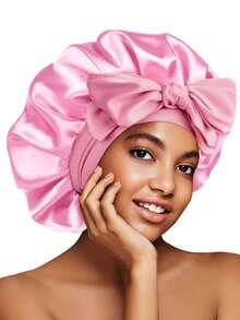 1件装可调节缎面睡帽，粉色蝴蝶结睡帽，奢华缎面护发帽，睡眠帽，夜间护发，防止睡醒后头发凌乱，适合长发、卷发和辫子，可调节绑带贴合头部，防止夜间头发缠绕，适合所有发质，整晚舒适，男女通用，适合长发/卷发/辫子，粉色缎面睡帽配超大蝴蝶结 - 奢华丝滑卷发睡眠帽，女士 - 多色 - 查看 6