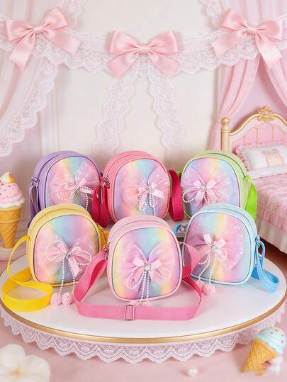 这款时尚渐变珍珠蝴蝶结迷你单肩/斜挎零钱包，采用PU拉链封口，适合各种场合，用途广泛。它适合户外活动、玩耍、通勤等，是送给青少年的完美礼物。