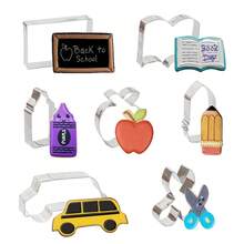 Bộ 7 khuôn cắt bánh quy chủ đề giáo viên "Trở lại trường học", gồm hình bút chì màu, quả táo, thước kẻ, sách, khuôn thép không gỉ dùng để làm bánh quy dẻo, bánh quy chủ đề trường học. - Bạc - Xem 9