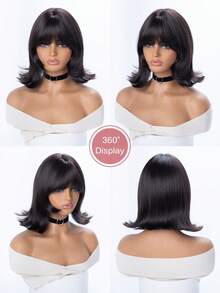 12-Inch Long Synthetic Short Bob Wig Featuring A Natural Straight Style A Stunning Black. Designed With Bangs , It Is Crafted From Heat-Resistant Fiber To Ensure Durability. This False Hairpiece Is Perfect For Ms Daily Use, Offering A Natural And Realistic Appearance That Mimics It Is Also A Gift For Women. (Excluding Accessories) - Black - View 7