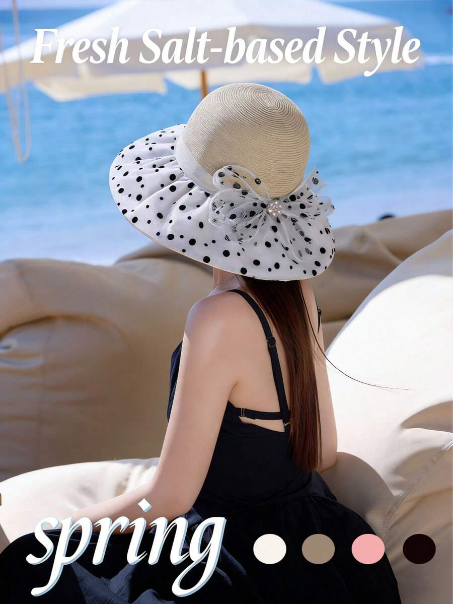 1pc Polka Dot Mesh Bow Straw Hat, Women Large Brim Sun Protection Hat, Foldable Beach Vacation Sun Hat, Spring/Summer - A - View 1