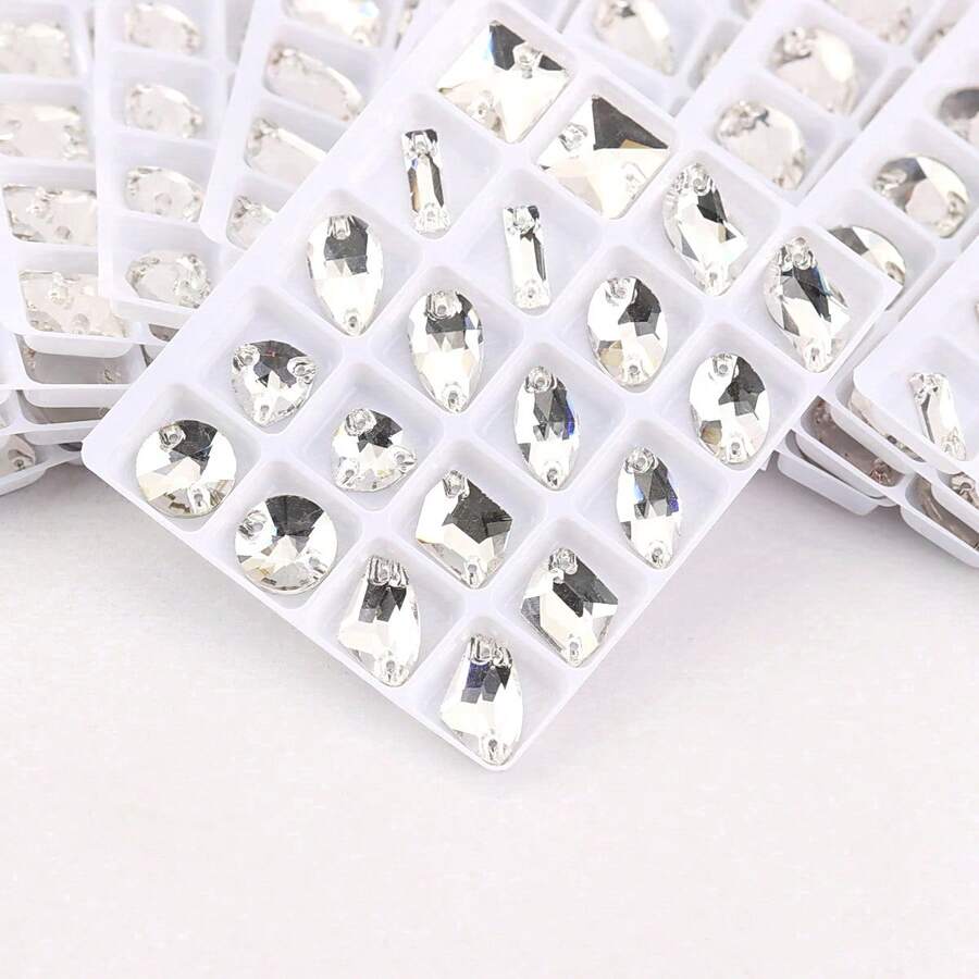 Transparent Clear Glass Crystal, Various Shapes, Shiny Handmade Crystal Rhinestone Decorative Beads, Flat Bottom Drilled Gemstones, DIY Accessories, Can Be Sewn Onto Clothes, Dresses, Bags, Shoes, Brooches, Earrings, Handicrafts