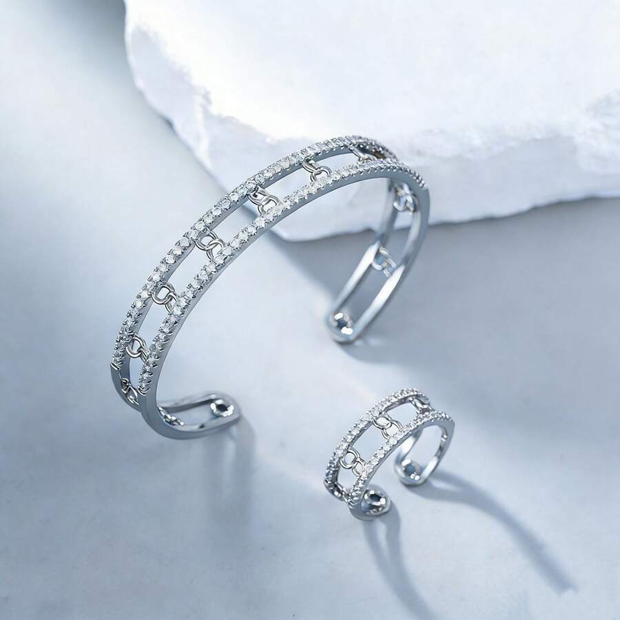 2 Pieces New Women's Simple 8-Character Hollow Zirconia Fashion Bracelet Ring Set - Silver - View 1