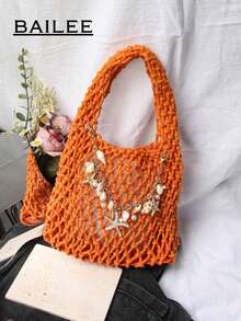 BAILEE 1 Set Polyester Crochet Mesh Bottom Multi-Color Solid Knitted Tote Bag, Quilted Pattern, Lightweight Portable Large Capacity Cute Fashion Beach Bag, Suitable Women, Young Professionals, Teachers/Girls - Orange - 查看 10