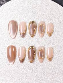 10 piezas de uñas postizas hechas a mano, uñas cortas, uñas postizas, puntas de uñas francesas, uñas con forma de almendra, uñas de color nude, uñas de ojo de gato de oro champán, uñas doradas, uñas de estilo retro lujoso, uñas elegantes y suaves, con decoración de contorno dorado pintado a mano, perla y cuentas de metal dorado, incluye herramientas para uñas, de uso y remoción rápida, adecuado para mujeres y niñas - Champán - Ver 5