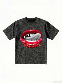 Dollar Sign & Vampire Fang Print Washed Women's Regular Fit Punk Style Top, Suitable For Nightlife - Black - View 4