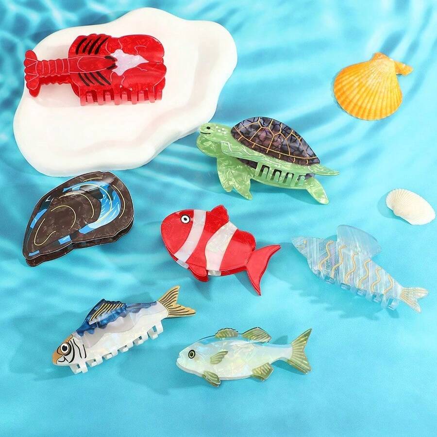 1pc Ocean Series Acrylic Printed Claw Clip With Small Fish, Turtle, Lobster, Hair Claw, Vacation Style Unique Niche Hair Clip - Multicolor - View 1