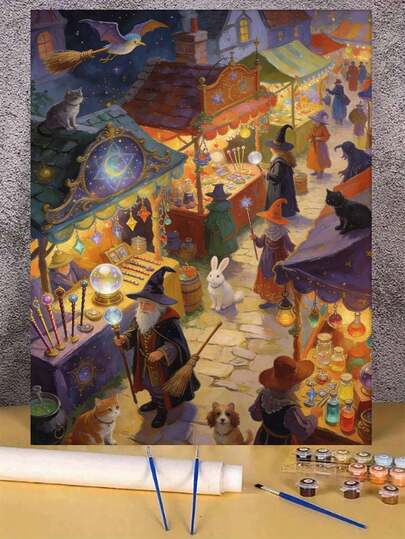 Magic Wizard Market Night Scene DIY Oil Painting By Numbers Canvas Painting Crafts Adult Home Decoration 40x50cm/16x20inch Holiday Gifts