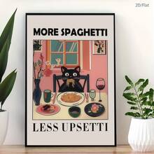 这款黑色猫咪图案帆布艺术海报，配以“多吃意面，少后悔！”的标语，是现代风格的墙面艺术装饰画，灵感源自意大利托特利亚诺（Totelliano）的意面餐厅装饰画，适合卧室、客厅、办公室、书房、浴室、厨房、走廊、宿舍、公寓等场所的墙面和家居装饰。也是馈赠朋友的理想礼物。 - 彩色 - 查看 1