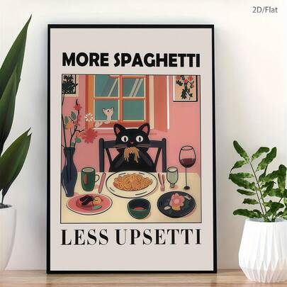 Tranh canvas hình mèo đen với thông điệp "Ăn nhiều mì Ý, ít hối tiếc!" là một tác phẩm nghệ thuật trang trí tường hiện đại, lấy cảm hứng từ nhà hàng mì Ý Telliano, thích hợp để trang trí tường và nhà cửa trong phòng ngủ, phòng khách, văn phòng, phòng học, phòng tắm, nhà bếp, hành lang, ký túc xá, căn hộ, v.v. Đây là món quà lý tưởng dành cho bạn bè.