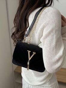 时尚纯色菱格纹翻盖小方包，时尚PU链条斜挎包，女士时尚流苏装饰迷你单肩包钱包，适合购物 - 黑色 - 查看 5