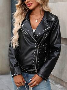 Áo khoác giả da nữ đính đinh tán kiểu moto biker phong cách đường phố, chất liệu PU. - Đen tối - Xem 9