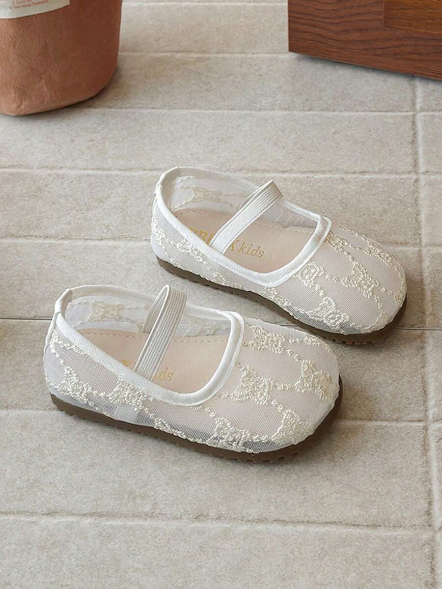 2026新款女童白色蕾丝网面玛丽珍鞋，防滑软底，艺术风格 - 米色 - 查看 1
