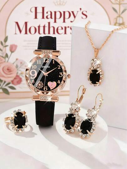 1/5件装时尚优雅奢华圆形石英表，饰以闪耀钻石，星空背景。套装包含项链、耳环和戒指。适合派对、聚会、外出和计时佩戴。也是母亲节、开学季、婚礼季或复活节送给妈妈和朋友的理想礼物。