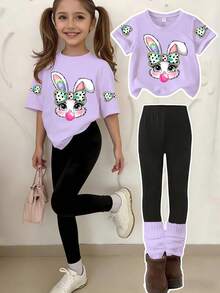 Easter 2PC Girls' Cute Bow Bunny Blowing Bubbles Cartoon Print T-Shirt And Leggings Set, Suitable For Holiday Wear, Casual Wear, Streetwear, Fashionable For Tween Girl In Summer. Ideal Easter Gift For Kids, Perfect To Celebrate Easter! - 淡紫色 - 查看 1