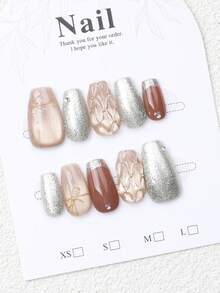 10片手工制作裸色和金色3D钻石纹理可重复使用假指甲，适合婚礼和日常佩戴 - 香檳色 - 查看 4