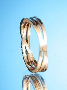 1枚创意交叉设计白色立方氧化锆镀金戒指，适合日常佩戴、情人节、派对、宴会、所有季节 - 金黃色 - 查看 5