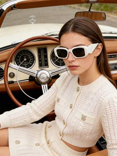 Prada 女士时尚方形太阳镜和豹纹太阳镜夹套装，复古防紫外线眼镜，搭配时尚眼镜配件