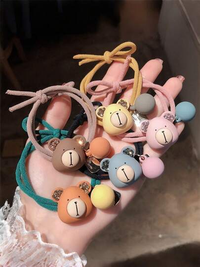 4个/套 可爱小熊造型水钻发圈，彩色发绳，适合日常使用