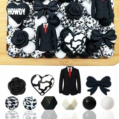 32/38pcs Father's Day Series Silicone Bead Set - Black Suit Bow Tie Flower Design "Love Dad" - Suitable For DIY Handmade Keychains, Necklaces, Bracelets, Decorative Pens, Jewelry And Pendants - Ideal For Holiday And Birthday Gifts