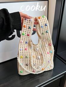 1 pieza Bolso de mano de ganchillo con perlas de moda, adecuado para fiestas, banquetes, viajes diarios, puede contener teléfono, espejo, llaves, lápiz labial, billetera, ideal para Navidad, Día de la Madre, regalo de cumpleaños - Multicolor - Ver 14