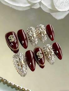 10 szt. luksusowych, długich, ręcznie robionych, wykwintnych ozdób do paznokci w kształcie migdałów w stylu retro, w stylu Y2K, z ręcznie malowanymi, dwukolorowymi zdobieniami w kolorze czerwonym i złotym, z romboidalnym wzorem, znakiem dolara, złotym łańcuszkiem, warstwowymi kryształowymi ozdobami, błyszczącymi, samoprzylepnymi tipsami do wydłużonych, modnych zdobień paznokci. - Wielokolorowe - Zobacz 9