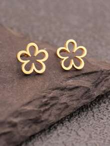 Stainless Steel Flower Stud Earrings, Non-Fading, 5-Petal Flower Small Earrings, Suitable For Women's Daily Wear - Gold - View 2