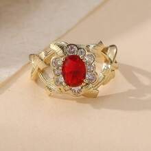Luxury Copper Crafted Maple Leaf Ring, Inlaid With Red Synthetic Zirconia Stone, Best Companion For Women's Daily Wear - Gold - View 2