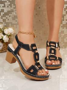 Plus Size Women's Retro Solid Color Buckle Platform Wedge Sandals,Summer Shoes - Black - View 4