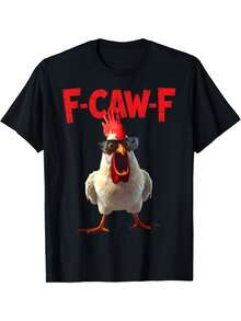Camiseta Divertida con Meme de Gallo F-Caw-F, con Gráfico de Gallo Rojo Enojado y Letras F CAW F - Camiseta Casual de Humor con Corte Relajado para Hombres, Comodidad para Todas las Temporadas, Regalo Novedoso para Amantes de las Gallinas y Fanáticos de los Memes - Negro - Ver 1