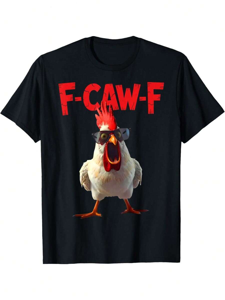 Camiseta Divertida con Meme de Gallo F-Caw-F, con Gráfico de Gallo Rojo Enojado y Letras F CAW F - Camiseta Casual de Humor con Corte Relajado para Hombres, Comodidad para Todas las Temporadas, Regalo Novedoso para Amantes de las Gallinas y Fanáticos de los Memes - Negro - Ver 1