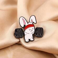 Cute Fitness Bunny Brooch, Barbell Enamel Pin, Fitness Lover Backpack Accessory, Adorable Barbell Bunny Funny Sports Style Pin - Black - View 2