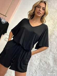 conjunto blusa  e short - Preto - Visão 2