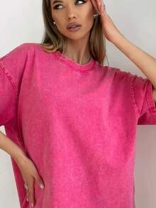 Oversized Washed Gray Short Sleeve Tee, Loose Fit Vintage Streetwear Style, Basic Summer - Hot Pink - View 2